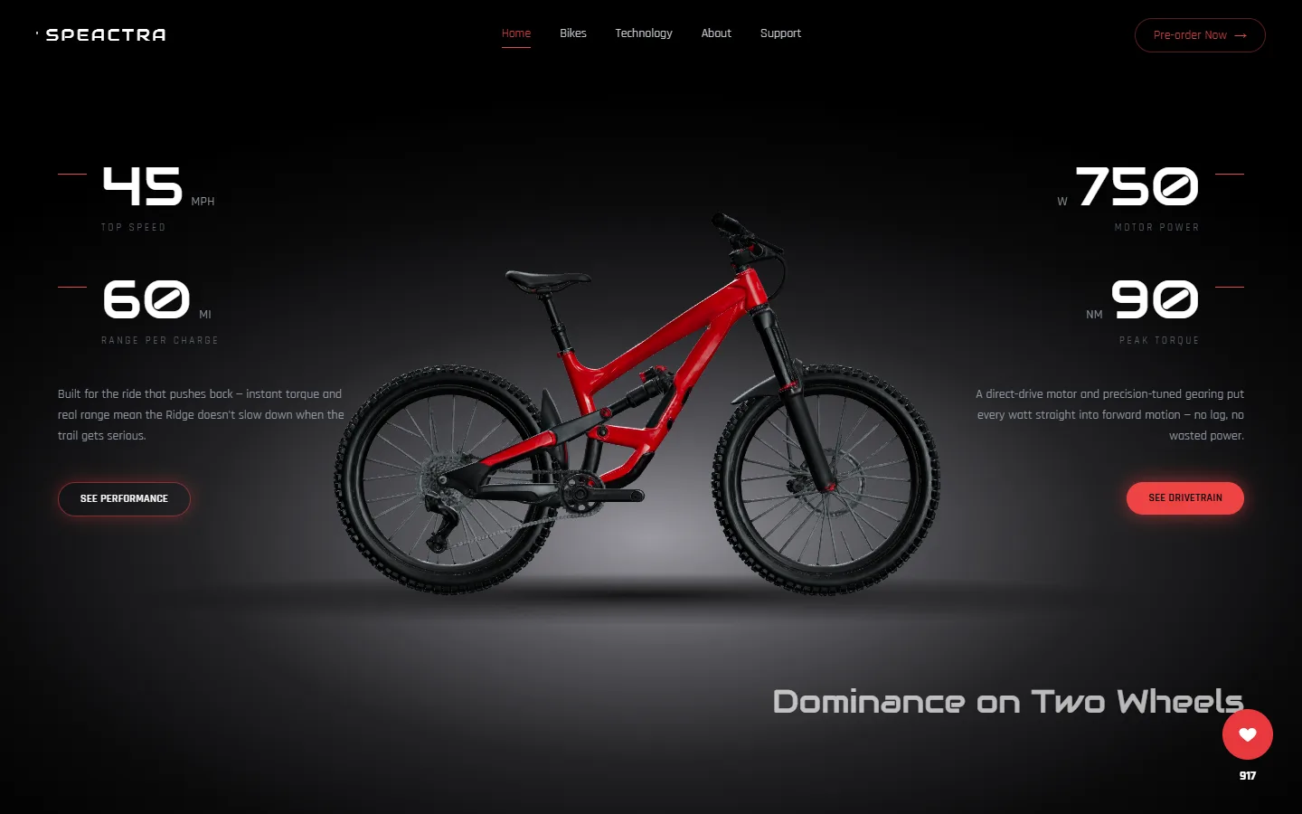 Cycle 3D scroll section telling the Ridge bicycle performance story beside the 3D model