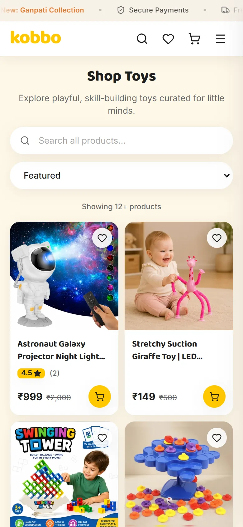 Mobile KOBBO shop catalogue with stacked product cards