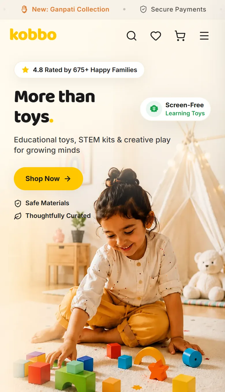 Mobile KOBBO homepage showing compact shopping header and hero