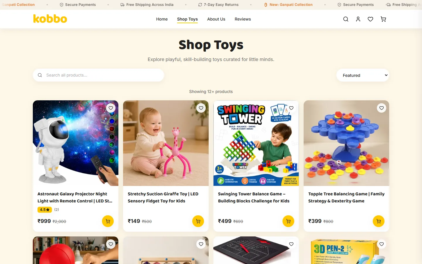 KOBBO shop catalogue grid showing educational toy products and prices