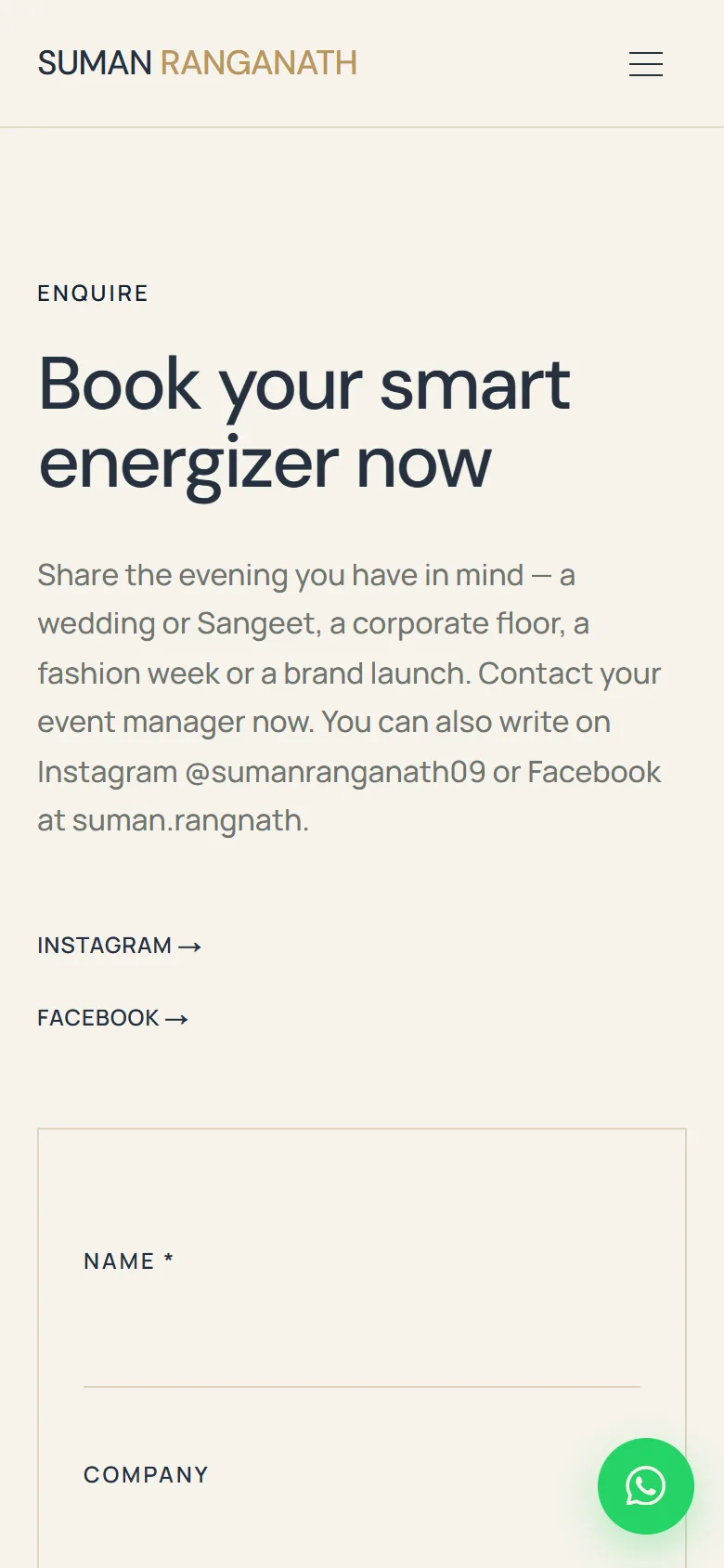 Mobile Book an Event page for Suman Ranganath