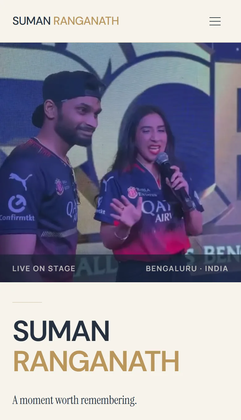 Mobile homepage of Suman Ranganath’s personal brand website