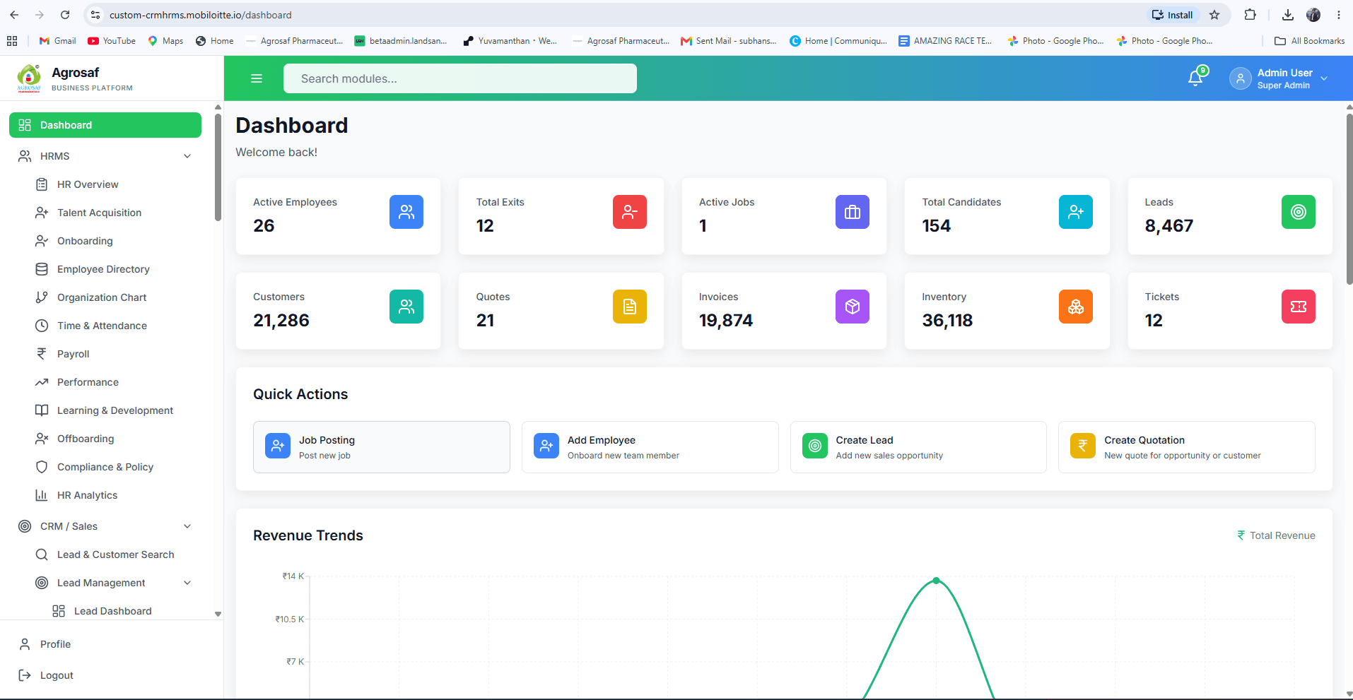HRMS CRM dashboard with employee, lead, and inventory KPIs