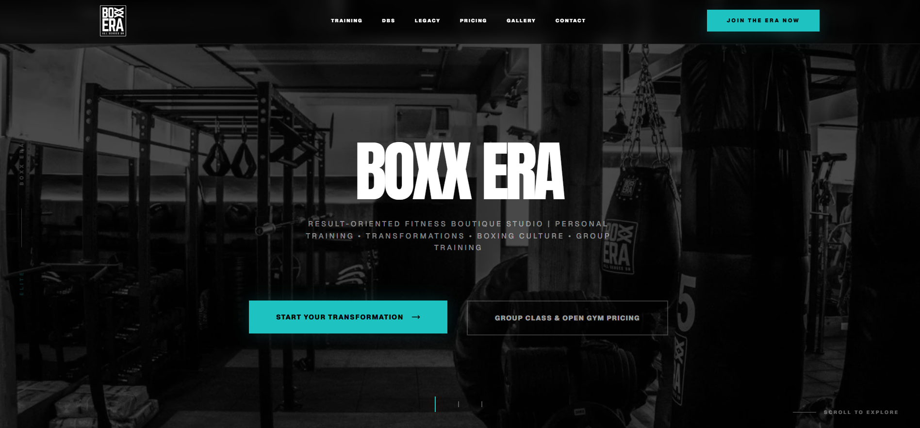 Boxx Era gym website hero with training CTAs
